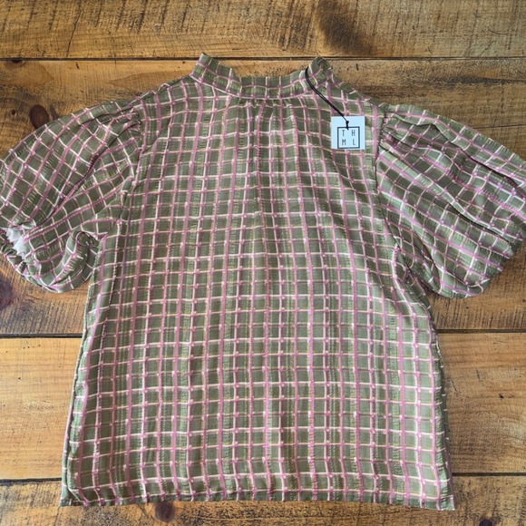 THML Tops - NWT THML Womens Olive Green Blush Plaid Puffer Sleeve Tie Closure Blouse Small